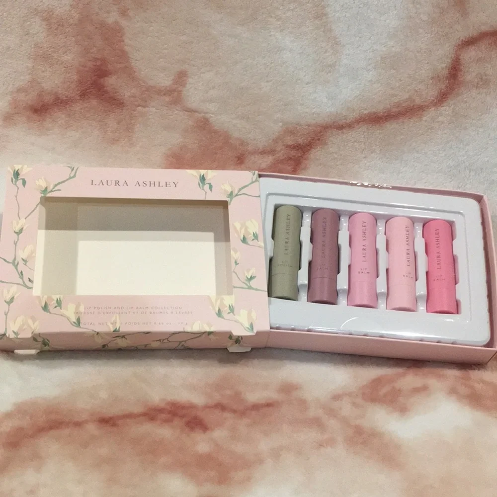 Laura Ashley Lip Polish & Lip Balm Collection 1 lip scrub 4 hydrating balms NWT - Picture 13 of 15